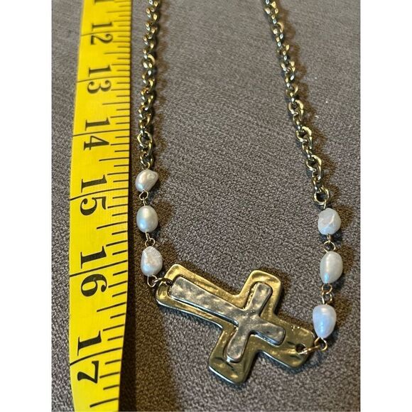 Gold Tone Cross Necklace with Simulated Pearl - Picture 5 of 7